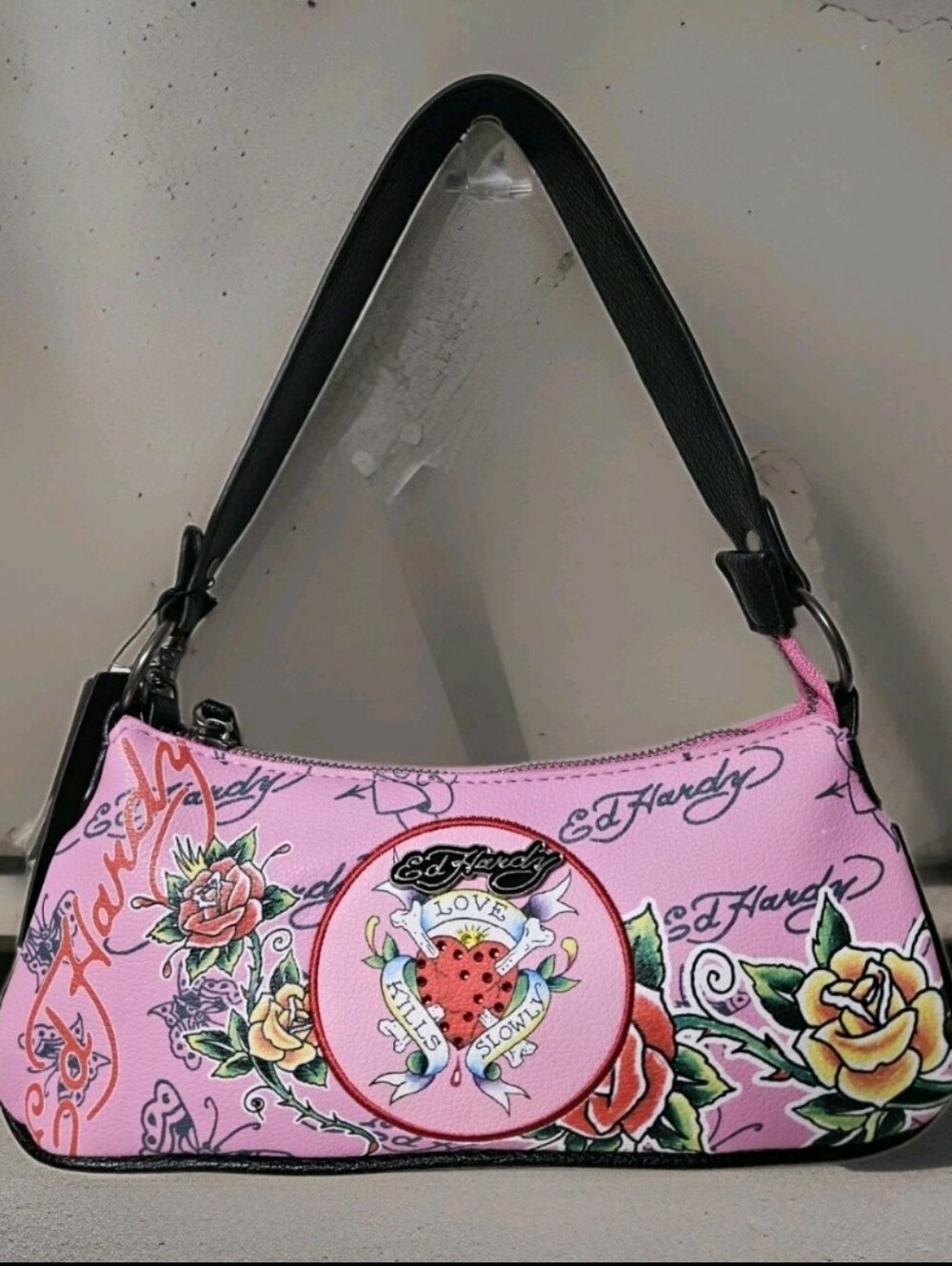 Ed Hardy Pink Love Kills Slowly Baguette Shoulder Bag Tattoo Rose Y2K Purse NWT